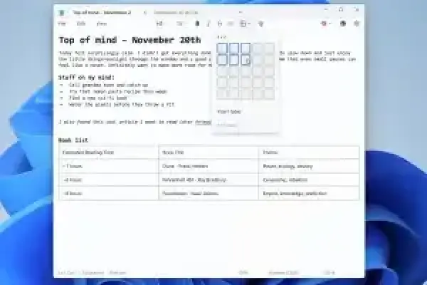 Windows Notepad đang thử nghiệm các tùy chọn định dạng nâng cao — chẳng hạn như bảng.